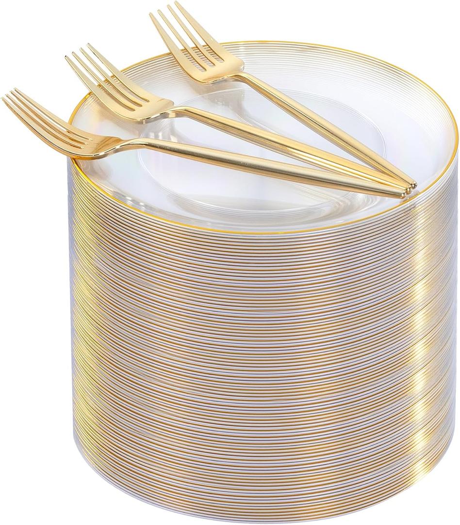 Rubtlamp 200Pcs Clear Gold Dessert Plates With Plastic Gold Forks, 100pcs 7.5inch Plates For Appetizers,100pcs 7.8inch Premium Forks Disposable, Cake Platos Disposable for Wedding