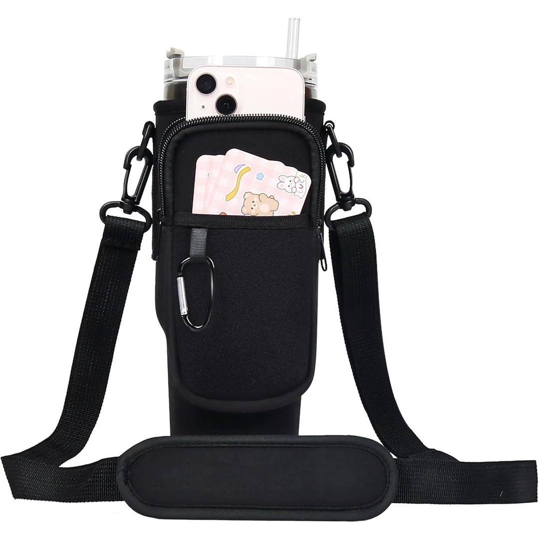 Water Bottle Holder with Strap for Stanley 40 oz Tumbler, Initial W Water Bottle Carrier Sling Bag with Pouch Phone Pocket Handle Crossbody Water Bottle Holder Case Sleeve for Walking Camping Gym, Black