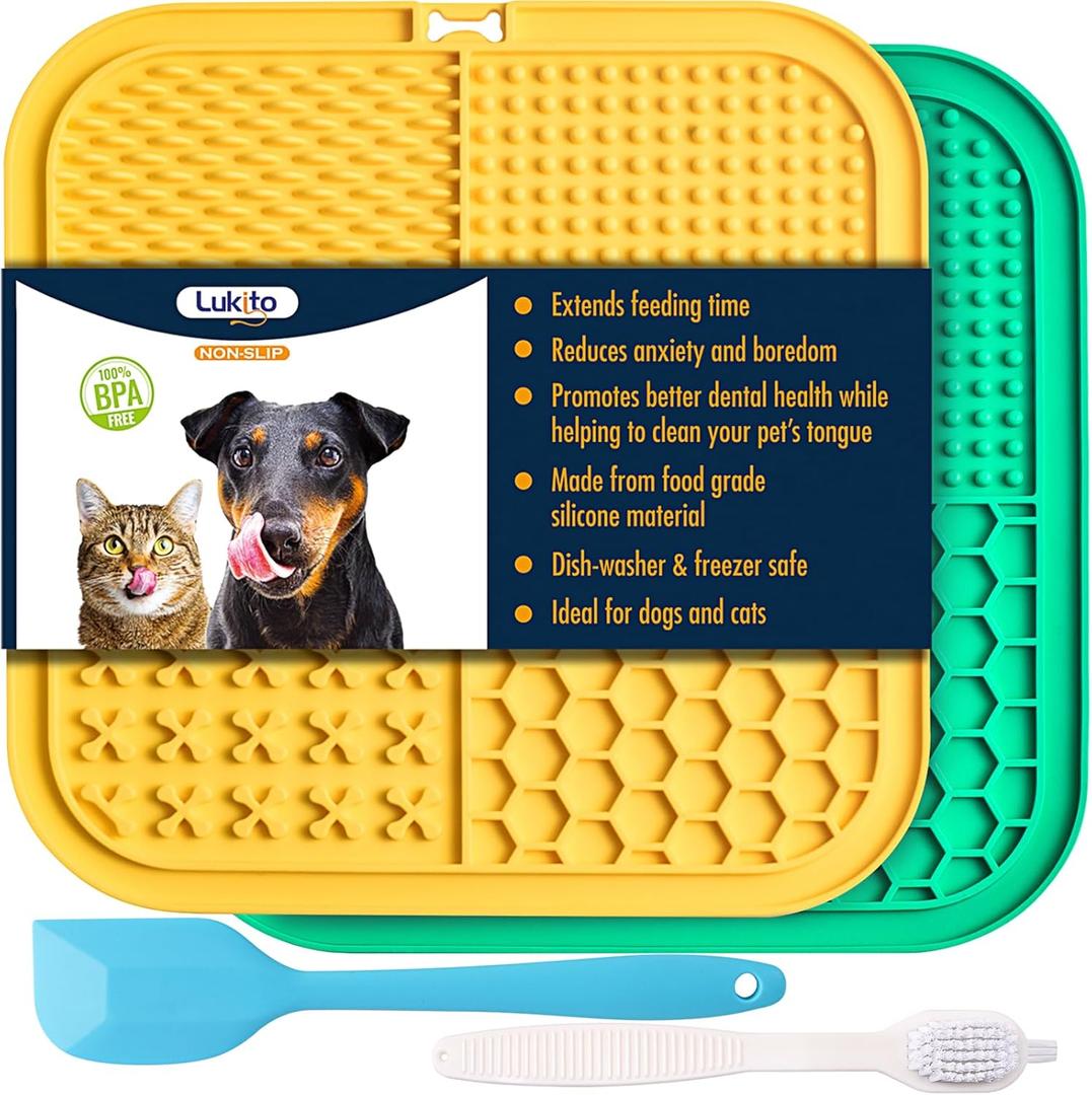 LUKITO Premium Silicone Licking Mat for Dogs & Cats, 77 Suction Cups, Slow Feeder, Boredom Reducer, Anxiety Relief, Dishwasher Safe, Food Grade (Large-Yellow&Green)