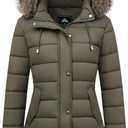 Women's Winter Thickened Down Jacket Warm Long Puffer Coat Waterproof Parka with Faux Fur Removable Hood (Large, Army Green)