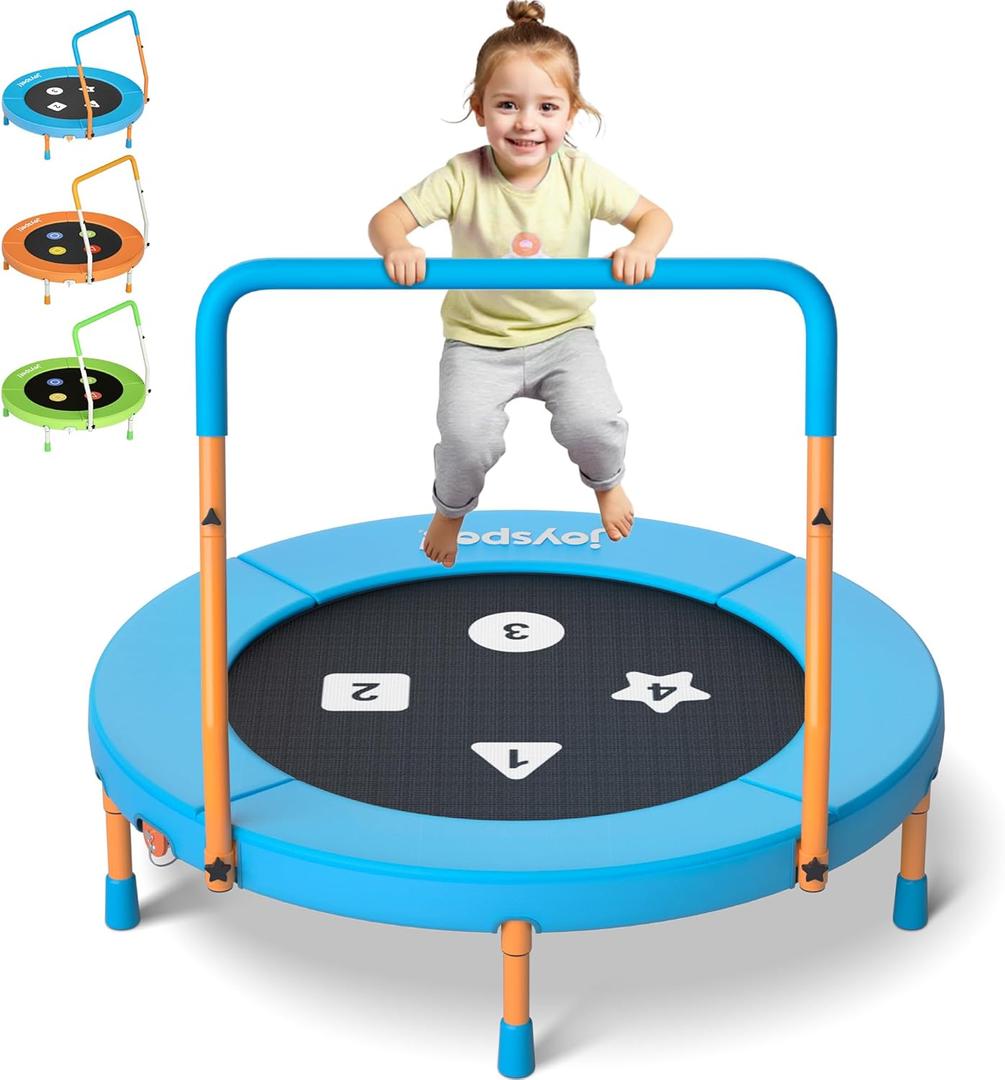 3FT Toddler Trampoline with Adjustable Handlebar, 36" Foldable & Spring-Free, Mini Kids Indoor Outdoor Trampoline for Ages 1-6, Noiseless Jumping Mat, Safe & Sturdy Design, Supports Up to 100 lbs (Blue)