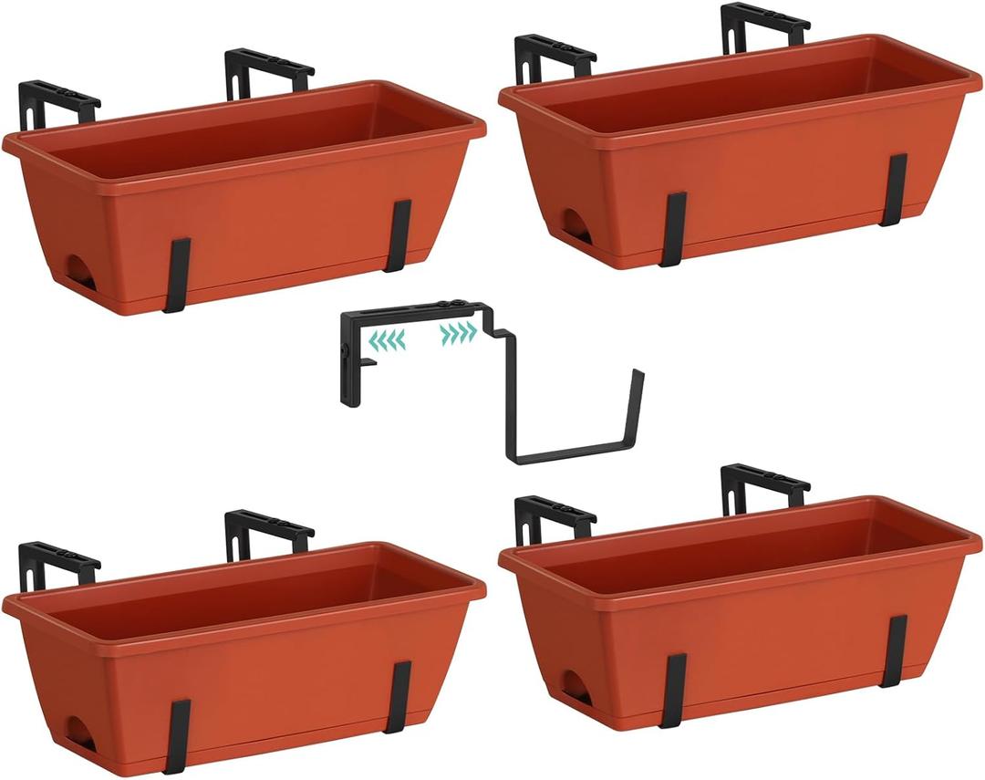 4 Pack Railing Planter Box with Adjustable Brackets 16.9 Inches Fence Planters Hanging Brick Red Deck Railing Planter Boxes Plastic Outdoor Balcony Railing Window Boxes Planters Hanging Flower Box