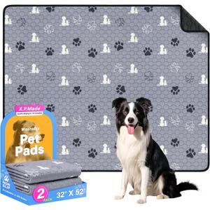 Washable Pee Pads for Dogs, 2 Pack Reusable Puppy Pads, Waterproof Pet Pee Pads for Dog Potty Training, Extra Large Dog Pee Pads for Crate, Playpen, and Whelping, Durable and Absorbent, Grey 32"x52" (Gray)