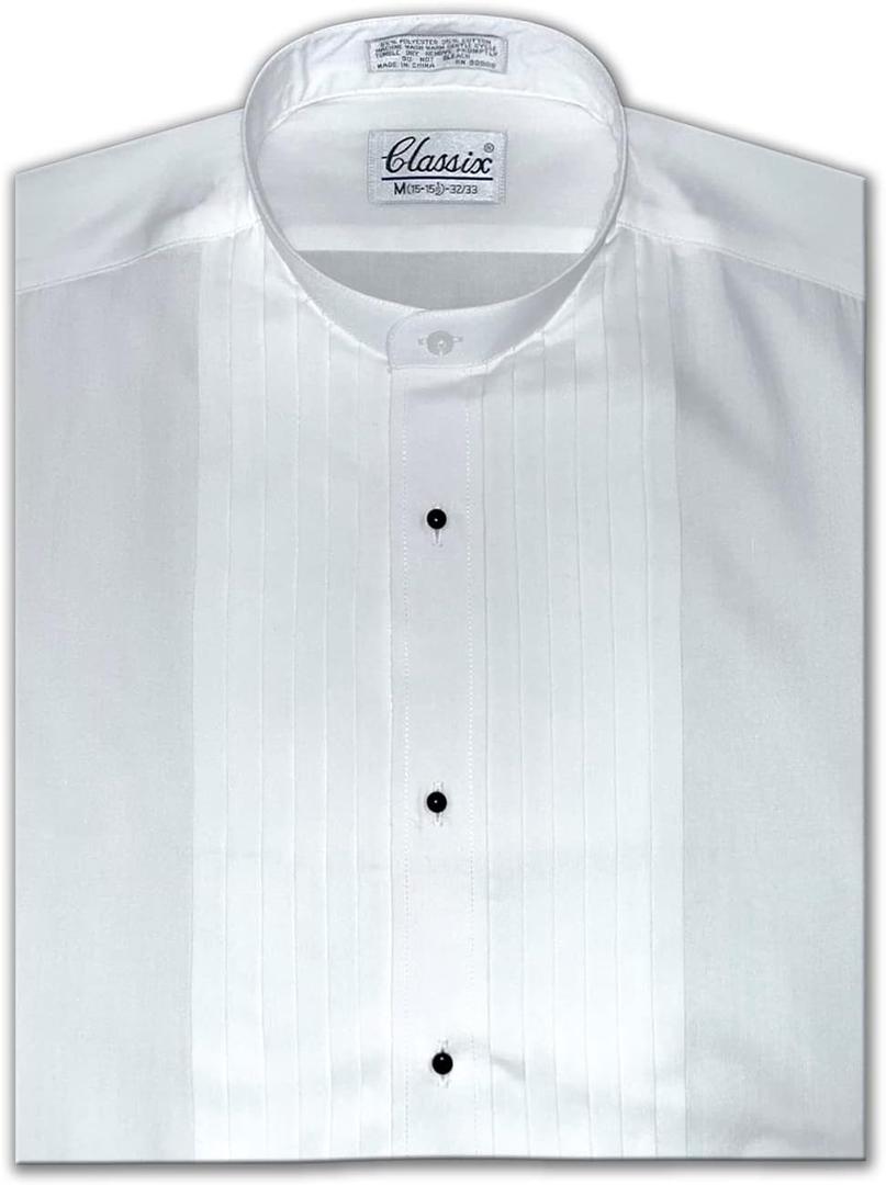 Men's Banded Collar(Mandarin Collar) Dress Shirt, 1/2" Pleat (17.5" Neck 35" Sleeve, White) XL