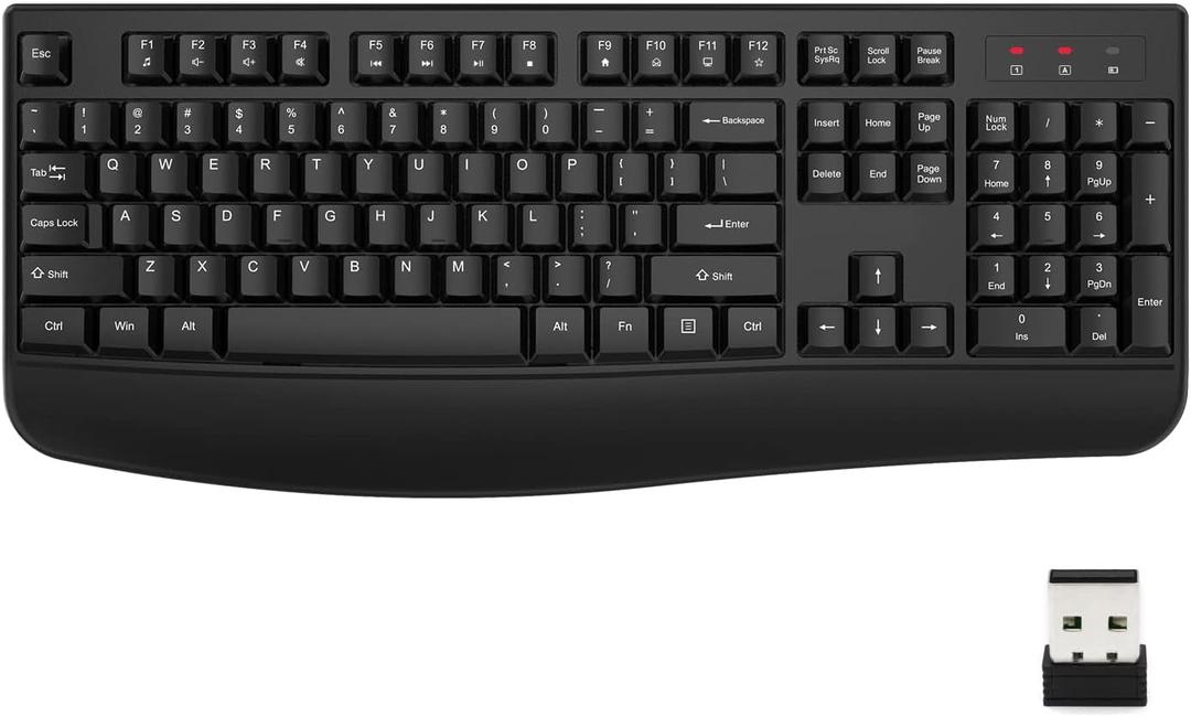 EDJO Wireless Keyboard, 2.4G Ergonomic Full Size Wireless Computer Keyboard with Wrist Rest for Windows, Mac OS Desktop/ Laptop/ PC（Black）