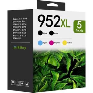 952XL Ink Cartridges Combo Pack High Yield (5-Pack, 2Black/1Cyan/1Magenta/1Yellow) Replacement for HP 952XL 952 Ink Cartridges for OfficeJet Pro 7740 8710 8720 8715 8702 8210 Printer
