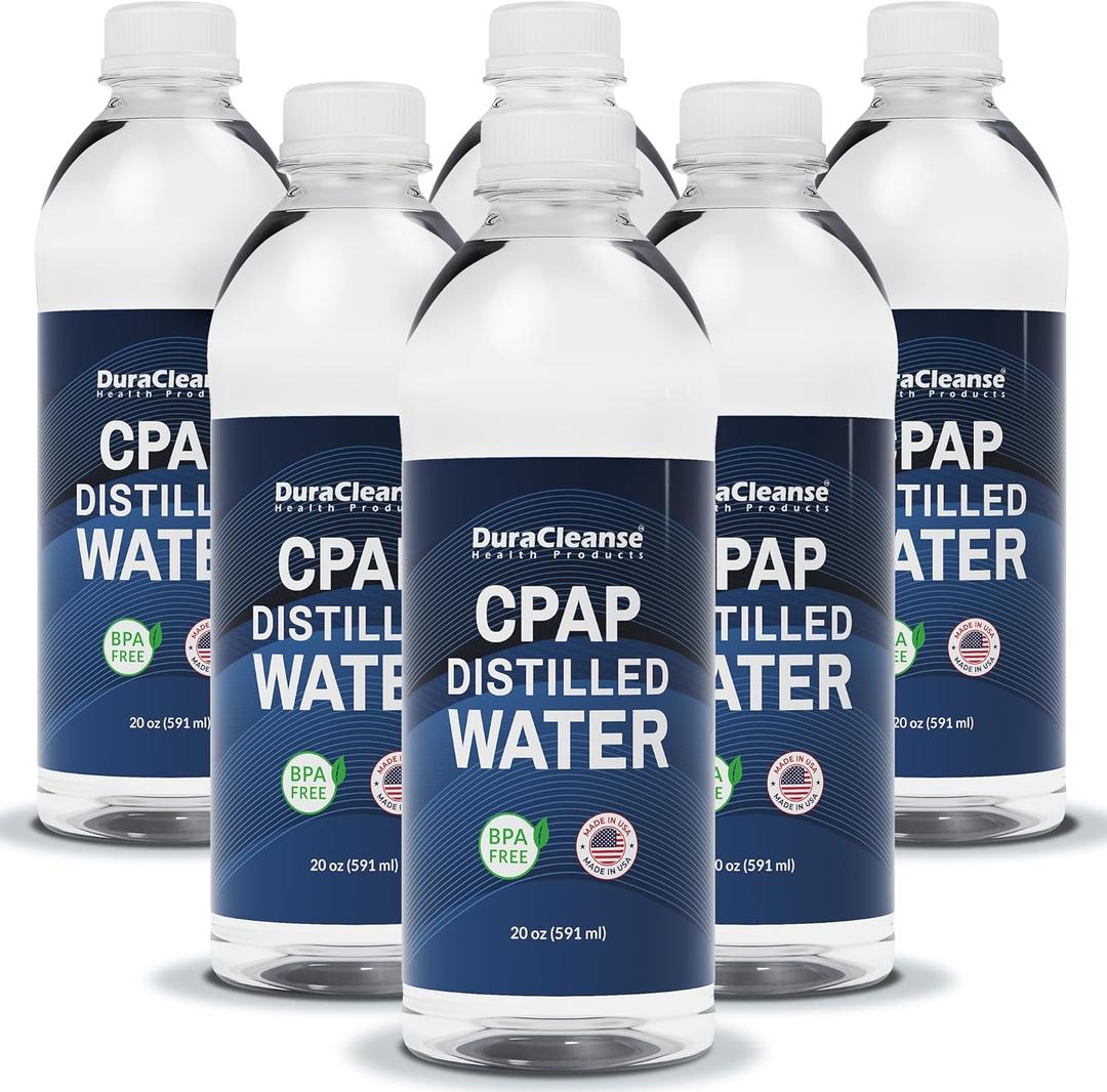 Dura Cleanse Distilled Water for CPAP Machines 6 Pack (20 oz Each) Travel Size Bottles for Resmed, Respironics Machines, Personal Humidifier - Made in USA, BPA-Free, Clean, Multi-Use, Travel-Friendly