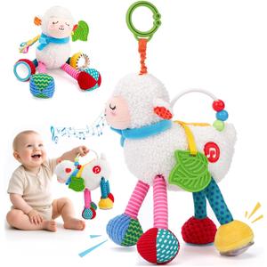 hahaland Baby Toys 0-6 Months - Baby Sensory Toys 0-3-6 Months Car Seat Toy Hanging - Musical Animals with Pull String Rattle Teether Crinkle Mirror, Crib Stroller Toy Tummy Time Easter Gifts for Baby