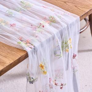 vctops 2 Packs Embroidery Lace Spring Table Runner 10ft Floral Garden Seasonal Tulle Table Runner Holiday Kitchen Dining Table Decoration for Wedding Party Baby Shower Birthday (White,30"x120")