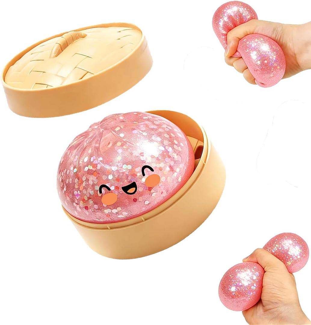 Glitter Dumpling, Glitter Dumpling Squishy with Box, Cute Anxiety Relief Fidget Toy, Soft Squeeze Decompression Dough for Adults (Glitter Pink)
