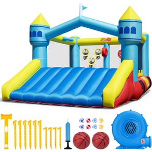 Bounce House, 6-in-1 Play Mode Inflatable Bounce House for Kids, High Elasticity Bouncy House with 480W Blower, Bouncy Castle with Wide Slide for Christmas, Birthday Parties