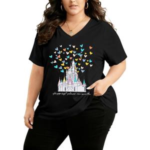 Plus Size Magic Kingdom Shirts for Women Castle Graphic T Shirt Cute Holiday Shirt Princess Tee Funny Vacation Tops (X-Large Plus, Black-1)