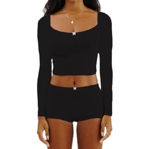 RUEWEY Womens Ribbed Knit Pajama Sets Long Sleeve Top and Shorts Matching Lounge Set PJ Set 2 Piece Outfits (M, A-Black)