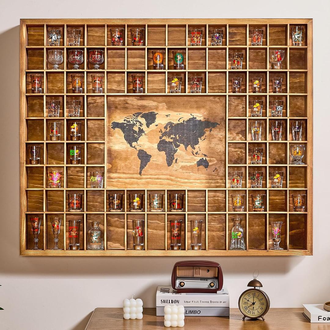 Large Shot Glass Display Case with World Map,102 Slots, 39 x 32 Inch Rustic Wood Shot Glass Display Cabinet for 2 Size -In Rooms Bars Wine Cellars with Shot Glasses Jewelry Shell & Keepsakes