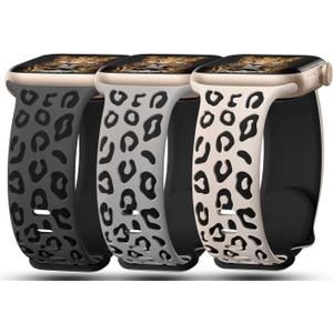 3 Pack Leopard Engraved Bands Compatible with Apple Watch Band 41mm 40mm 38mm 42mm 44mm 45mm 46mm 49mm Women, Soft Silicone Cheetah Embossed Sport Strap for iWatch Series 10 9 8 7 6 5 4 3 2 1 Ultra