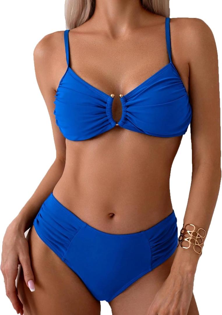 Fanuerg Women's Ruched Bikini Sets U-Wire Linked Two Piece Swimsuit Mid Waist 2025 Swim Bathing Suit (Large)