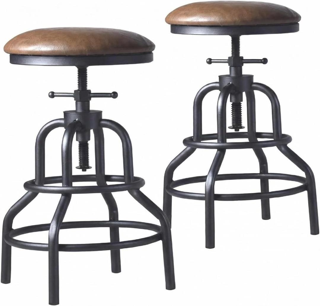 Industrial Vintage Counter Stool, Kitchen Counter Height Adjustable Swivel Chair, Metal Frame Stool, 20.47-26.77 Inch, Fully Welded Base, Brown PU Upholstered, Set of 2
