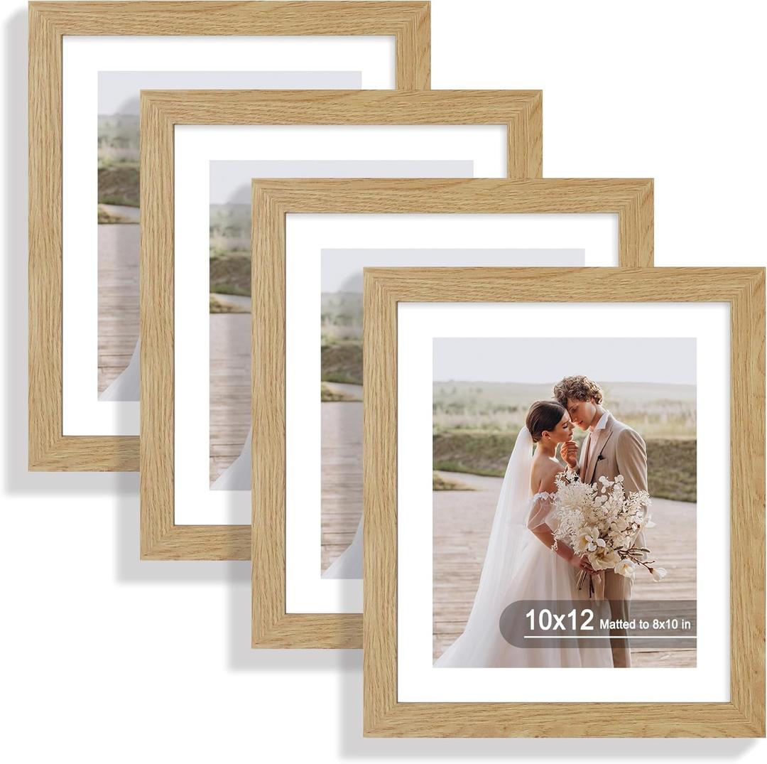 10x12 Picture Frame Set of 4, Made of Real Glass and Natural Oak Frame - Display Picture 8x10 with Mat or 10x12 Without Mat, 10 by 12 Photo for Wall Mounting