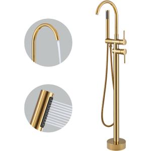 KZH Floor Mount Bathtub Faucet Brushed Gold Freestanding Tub Fille Bathroom Faucet Single Handle with Handheld Shower Mixer Taps Swivel Spout (Gold)