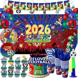 142 Pcs Party Decorations Set, Soccer Theme Party Supplies Includes Background Cloth, Plates, Napkins, Horns, Straws, Hanging Swirls, Balloons, Cake Topper for Sports Birthday Party, Soccer Decor