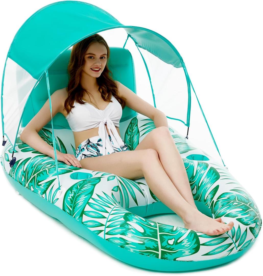 Jasonwell Pool Floats with Canopy - Inflatable Pool Float Adult Lounger Floaties Raft Floating Chair for Swimming Pool Lake Water Lounge Float with Cup Holders Beach Pool Party Toys for Adults (X-Large, green)