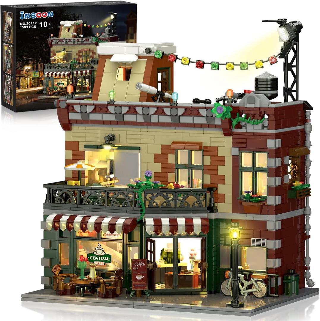 INSOON Coffee House Building Set with Light, 1589 PCS City Cafe Shop Building Block Toy with Stage Street Lights, Architecture Construction Model for Adults Teens Kids Ages 10 11 12+ Boys Girls