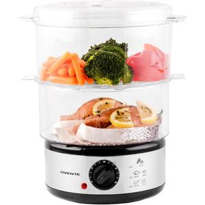 OVENTE 2-Tier Electric Food Steamer, 5 Quart Stainless Steel Stackable Steam Cooker with 400W Power, 60-Minute Timer & Auto Shut-Off, Dishwasher Safe, Healthy Vegetable & Seafood Steamer, Silver FS62S