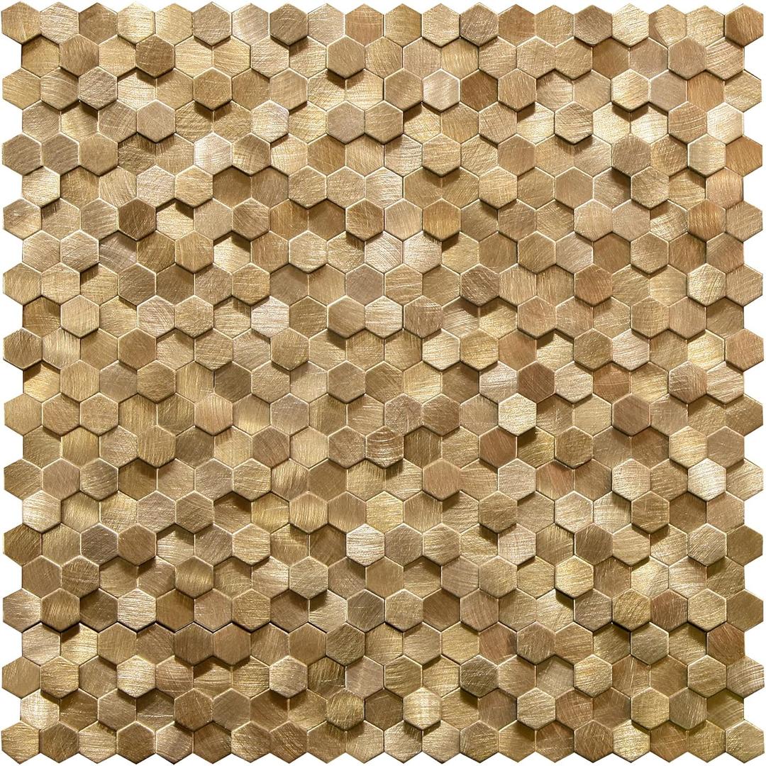 KASARO Peel and Stick Backsplash for Kitchen, 8 Pieces 3D Gold Hexagon Metal Mosaic Self Adhesive Wall Tiles Decorative for Living Room, Bathroom, Fireplace, 12x12