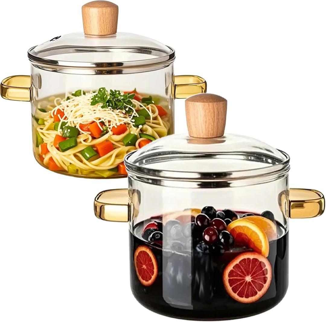 2-Piece Glass Saucepan Set with Lid, Heat-Resistant Borosilicate Simmer Pots for Soups, Sauces, Pasta, Milk, Baby Food, Durable & Transparent Glass Cookware for Stovetop Use