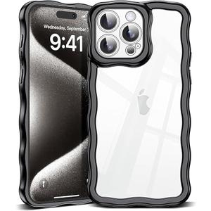 SKYLMW Compatible with iPhone 15 Pro Case, Kawaii Cute Curly Wave Frame Luxury Plating Edge, Stylish Glossy Clear Back, Soft TPU Shockproof Protective Cases for iPhone 15 Pro, Black