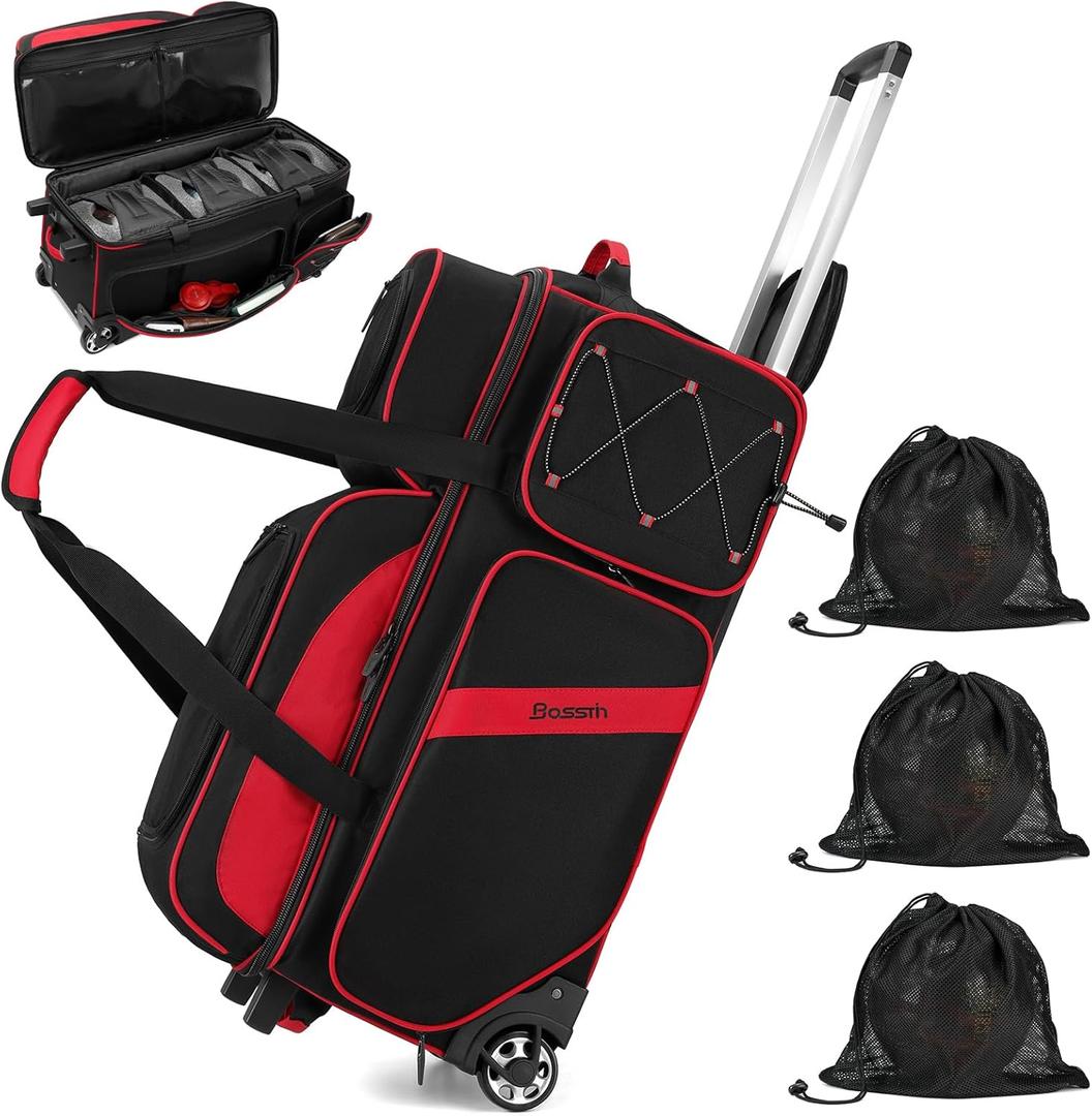 BOSSTIN 3-4 Ball Bowling Bags with Wheels, Secure Hook & Loop Fixed Ball Cup & Shoe Compartment (Fits Up to Size 16), Roller with Multi-Pockets (Red)