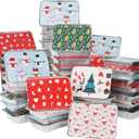 50 Pack Christmas Cookie Tins with Lids - 2.25LB Aluminum Food Containers Disposable, 5 Holiday Print Designs, Tin Foil Containers for Holiday Leftovers Container or Cookie Exchange, 8.5"x 6"