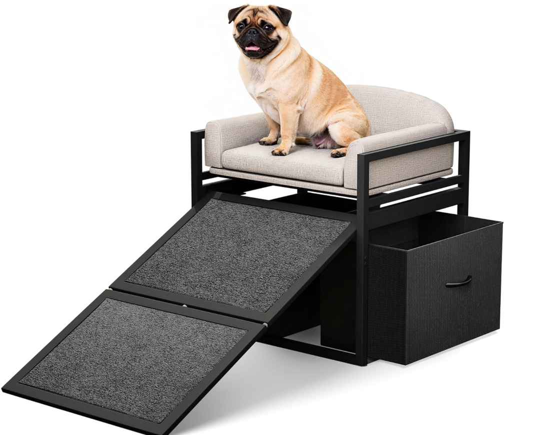 Non Slip Dog Ramp with Seat & Storage Drawers, Extra Wide Doggie Stairs, Metal Frame Puppy Chair for High Bed Couch Office, Dachshunds Ladder, Washable Cushion Pet Step for Small Old Pets (Khaki)