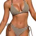ZAFUL Women's Triangle String Bikini Set Boho Tie Side Two Piece Swimsuit Straps Halter Beads Bathing Suit (Brown, S)