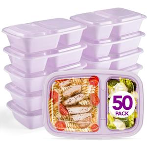 Glotoch 50 Pack Purple Meal Prep Containers Reusable 2 Compartments, Glotoch 32OZ to Go Containers for Food, Disposable Plastic Food Containers with Lids for Microwave Dishwasher Freezer Safe
