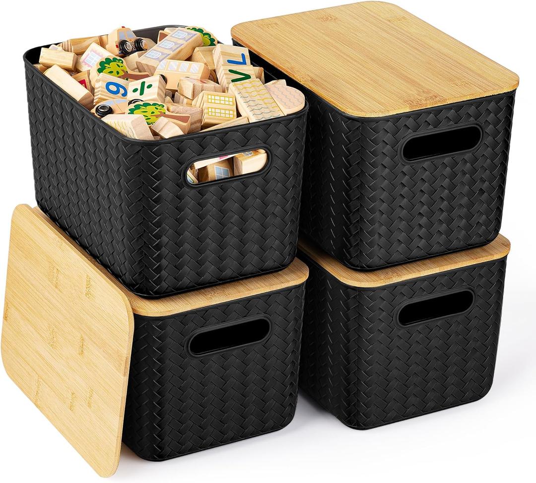 Ohmlove 4 Packs Storage Bins with Bamboo Lids - Plastic Storage Containers with Lids Stackable Storage Box: Storages Baskets for Organizing Desktop Closet Playroom Classroom Office, Black