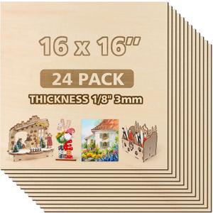 Adrattnay 24Ps Basswood Sheets 16 x 16 x 1/8- 3mm Plywood Sheets for Laser Cutting and Engraving, 1/8in Large Basswood Unfinished Laser Wood for Model Crafts and DIY Ornaments (24PACK)