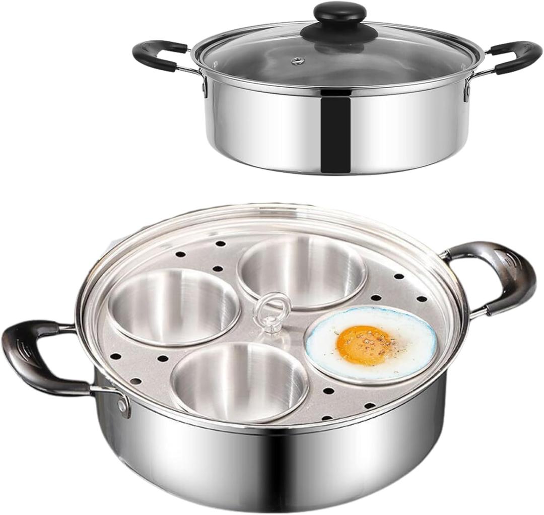 Egg Poacher Pan, Poached Egg Pan Stainless Steel Egg Pan with 4 Cups Egg Cooker Poached Egg Maker for Kitchen (Without Coating)