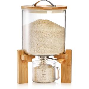 5L Glass Rice Dispenser, Cereal Container with Bamboo Stand, Large Airtight Food Storage Bin, Rice Organization Tank with Measuring Cup for Grain Coffee Beans Dry Food