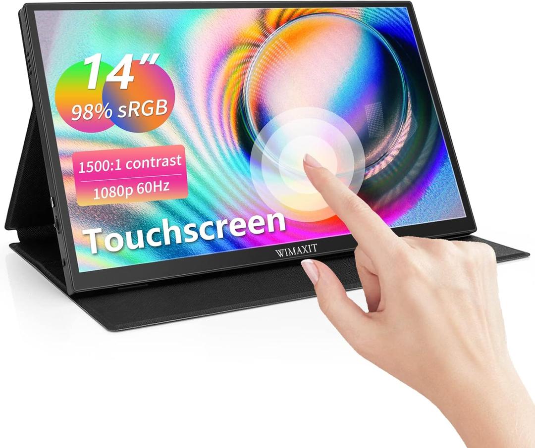 WIMAXIT 14" Portable Touch Monitor 1920x1080p Full HD Vesa Mount 98% sRGB Compatible with Laptop/PC/Game Console via HDMI/USB-C/3.5mm Audio Includes Cover Stand