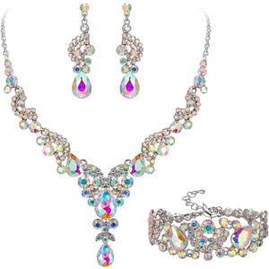 EVER FAITH Rhinestone Crystal Bridal Art Deco Floral Wave Teardrop Necklace Earrings Bracelet Jewelry Set (Iridescent Clear AB Silver-Tone)