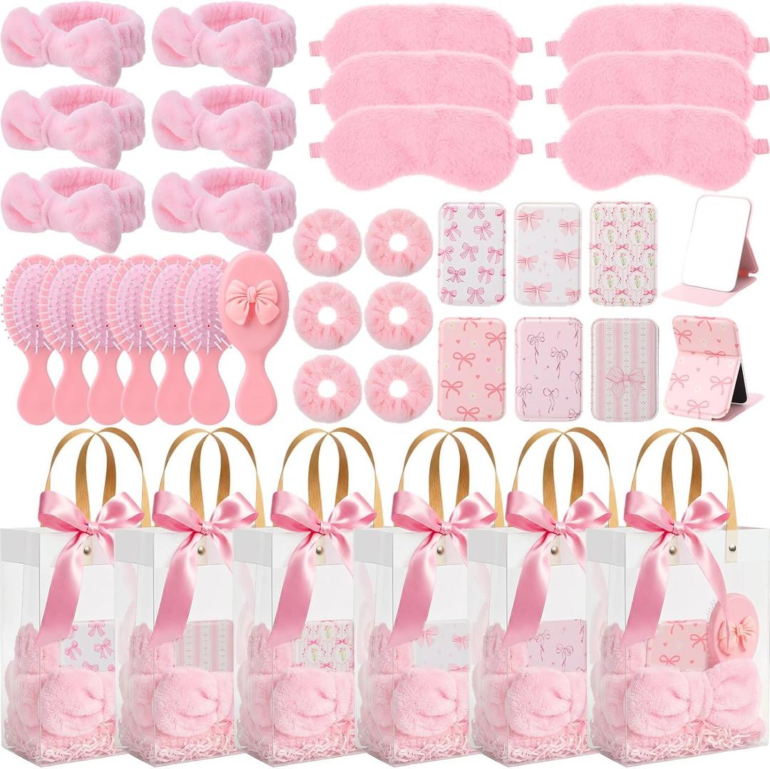 6 Set Pink Spa Sleepover Party Favors for Girls Women Slumber Party Supplies Bulk with Sleep Eye Mask Mirror Hair Comb Headband for Women Slumber Pink Bow Gifts for Wedding Bridal Shower