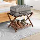 Smuxee Fully Assembled Walnut Luggage Rack, Upgraded Bamboo Foldable Suitcase Stand with 5 Nylon Straps, Luggage Holder with Shelf for Guest Room Bedroom Hotel