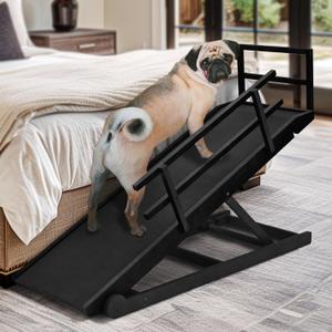 Dog Ramp for Bed, Adjustable Pet Ramps for Dog to Get on Bed, Non-Slip Rubber Surface - Folding Wooden Dog Ramp for Small/Large/Old Dogs, Adjustable up to 27.5 inch High Beds, Safety Railings