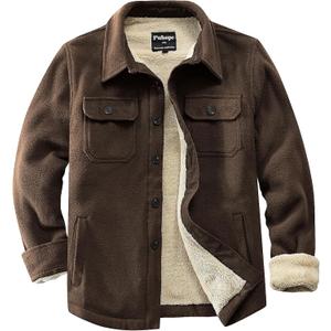 Men's Polar Fleece Warm Sherpa Lined Shirt Jacket for Men Thick Button Down Jacket with Multi Pockets (Brown, XL)