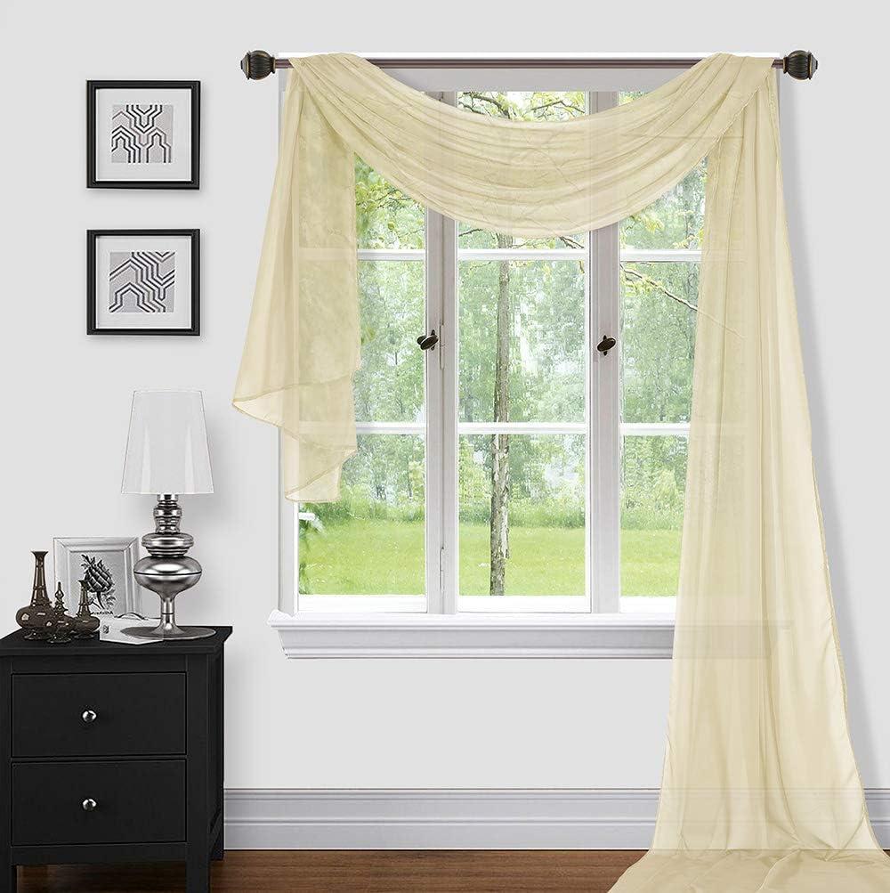 Sapphire Home Window Scarf Valance Curtains - Extra Long Sheer Valances for Windows - Voile Swag Curtains for Living Room, Kitchen, and Bedroom Decor, Weddings, Events - 37" x 216" - 1 pc - Beige