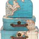 Jewelkeeper Paperboard Suitcases, Set of 3 Decorative Storage Boxes, Vintage Luggage for Birthdays, Weddings, World Map Design (Atlas Blue)