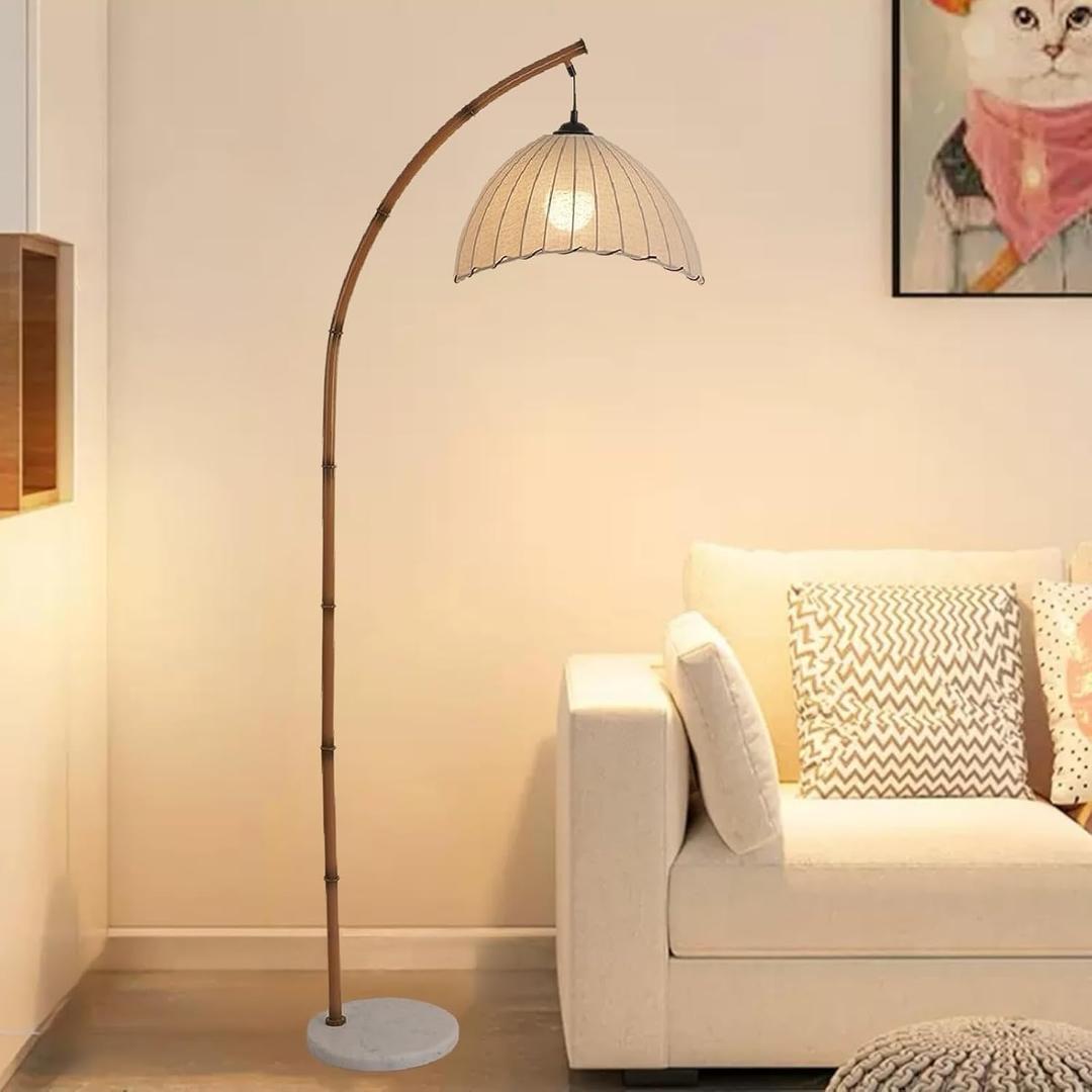 Retro Floor Lamp Unique Bamboo Color Floor lamp Bohemian Hanging Arc Floor Lamp with Antique Rattan Style Vertical Standing tall Lamp for Bed Room Farmhouse Study Living Room Indoor decoration