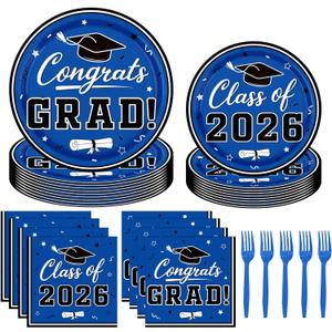Blue Graduation Decorations 2026,200Pcs Black and Blue Graduation Plates and Napkins,Forks for Graduation Party Decorations,Class of 2026 Plates Graduation Party Supplies,Serve 50