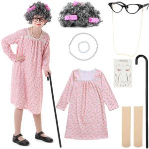 VICAMB Girls 100th Day of School Costume  Kids Old Lady Granny Dress Outfit with Wig, Glasses, Cane & Accessories,13-Piece (S(5-7 Years)